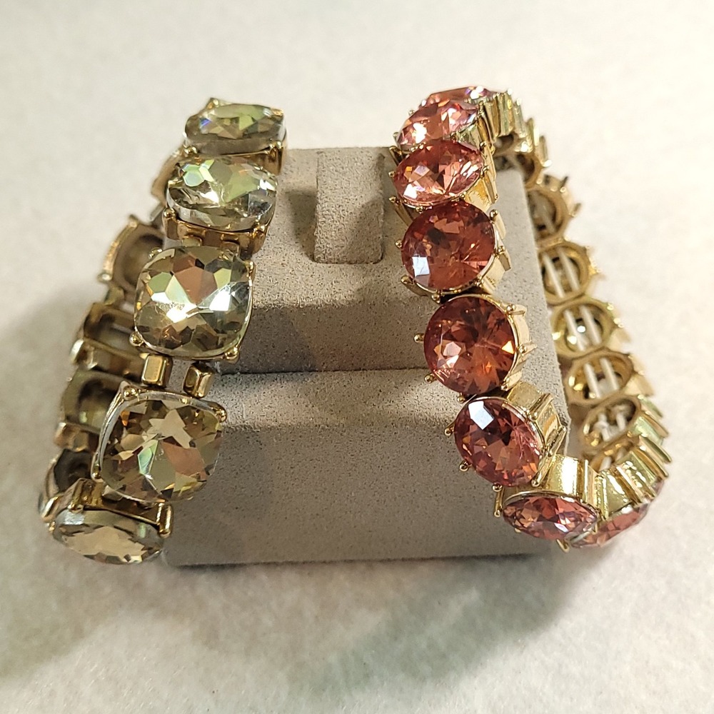 2 Gold Tone Crystal Link Bracelets Pink Champagne Statement Glam Cocktail